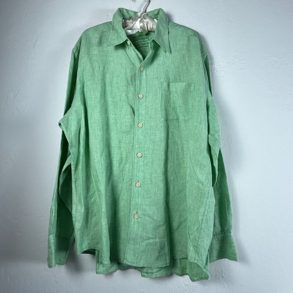 Tommy Bahama Mens Linen Button Up Long Sleeve Shirt Size Xl Green Pocket Casual